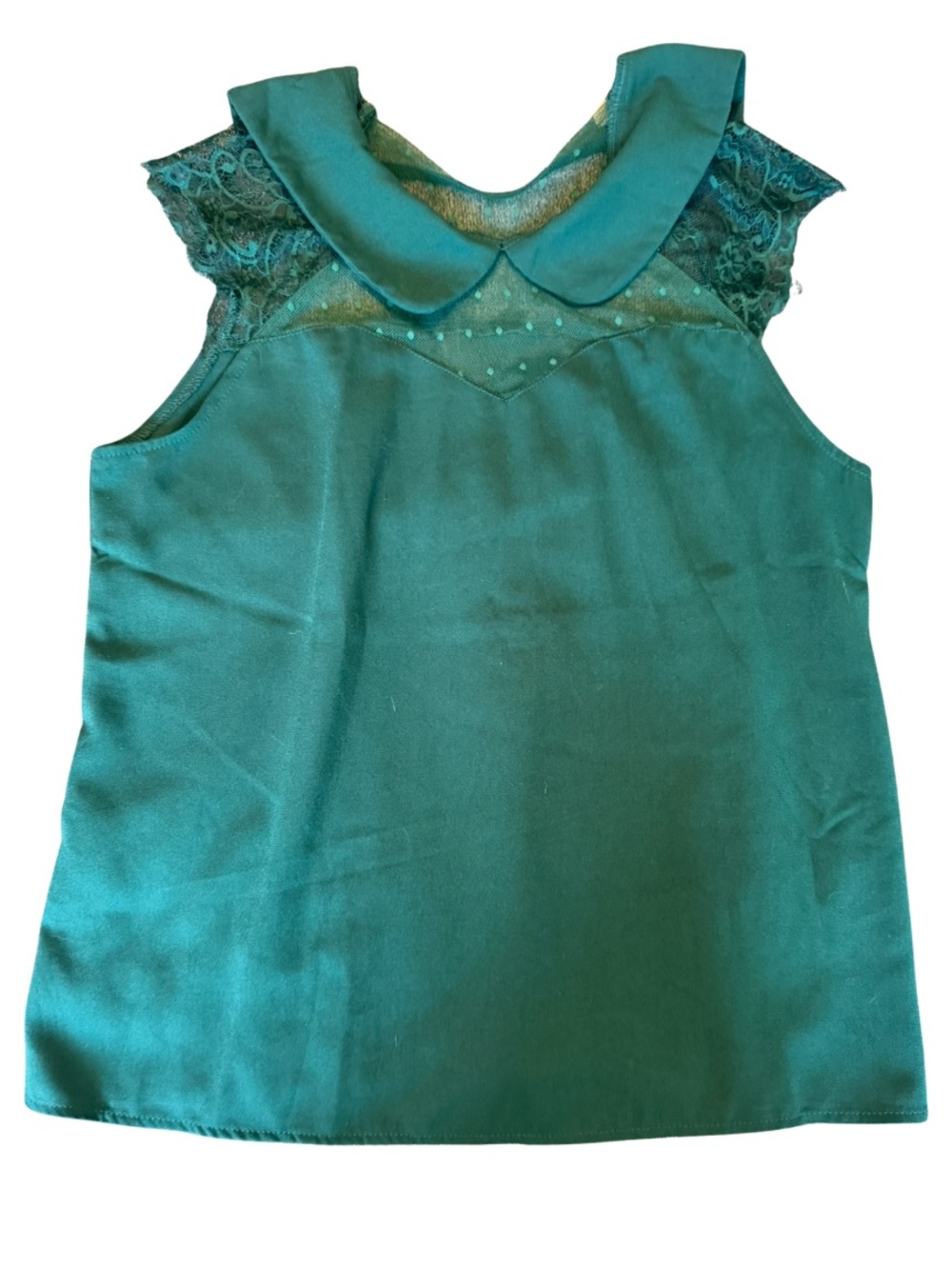 Teal Lace Collar Tank Top with Sheer Polka Dot Detail